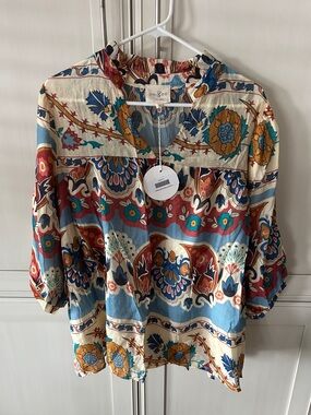 Umgee Multicolor Floral Boho Blouse - Cream, Blue, Red, Mustard